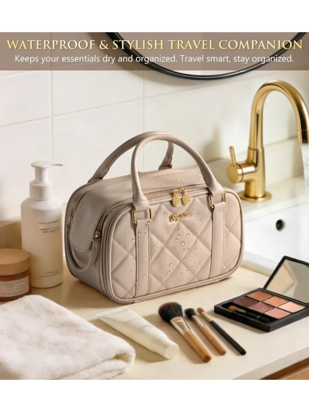 Large Capacity Quilted Travel Makeup Bag - Stand-Up Cosmetic Organizer Pouch - Picture 6 of 9